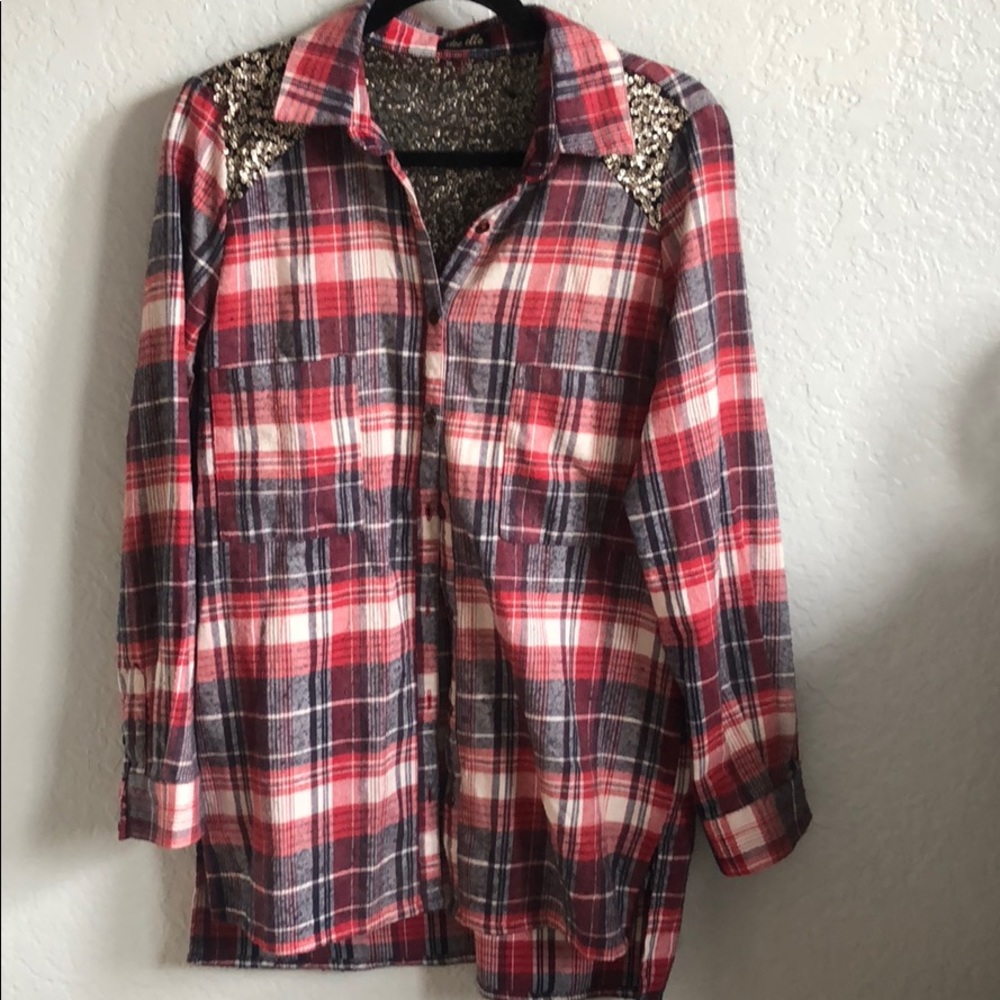 Sequin accented flannel in red and white plaid S